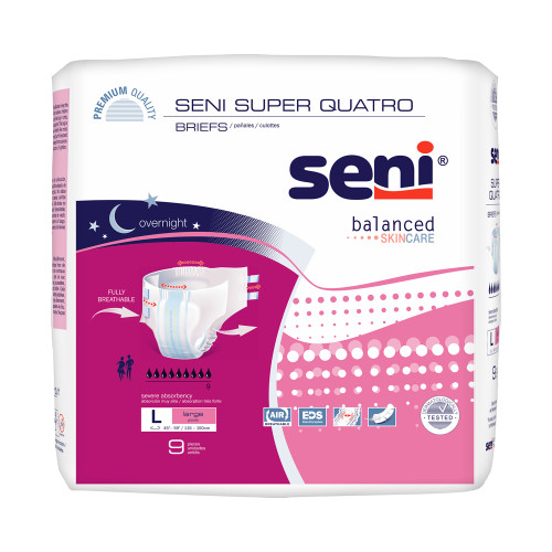 Seni Super Quatro Incontinence Brief Adult Large Unisex Disposable Heavy Absorbency, S-LA09-BQ1, Pack of 9
