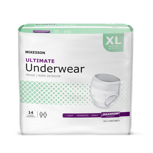 McKesson Absorbent Underwear Pull On with Tear Away Seams Adult X-Large Unisex Disposable Heavy Absorbency, UW33853, Bag of 14
