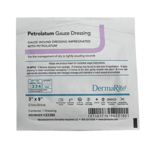 DermaRite Petrolatum Impregnated Dressing Rectangle 3 X 9 Inch Sterile, 23390, Pack of 1
