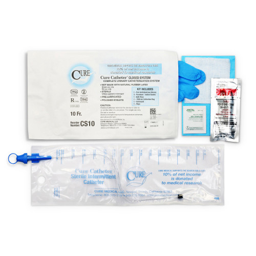 Intermittent Catheter Tray Cure Catheter Closed System Unisex, Straight Tip 10 Fr. Without Balloon CS10 Case of 100
