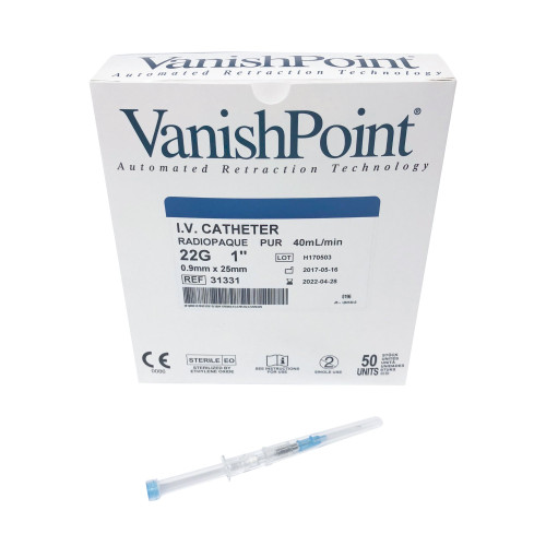 VanishPoint Peripheral IV Catheter 22 Gauge 1 Inch Polyurethane Straight Hub Non Blood Control Passive Safety, 31331, Case of 200
