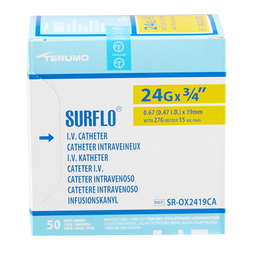 Surflo Peripheral IV Catheter 24 Gauge 3/4 Inch ETFE Straight Hub Non Blood Control Non-Safety, SR-OX2419CA, Pack of 1