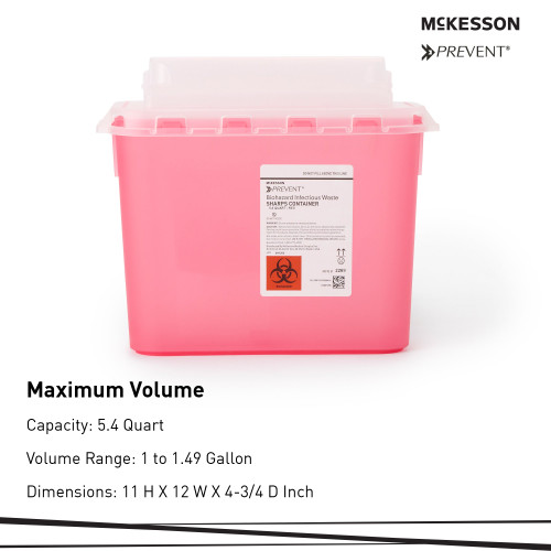 McKesson Prevent Sharps Container Red Base 11 H X 12 W X 4-3/4 D Inch Horizontal Entry 1.35 Gallon, 2269, Pack of 1