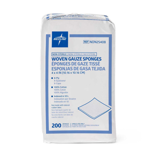 Gauze Sponge Cotton 8-Ply 4 X 4 Inch Square NonSterile NON25408 Pack/200 16-9570 MEDLINE 747242_PK