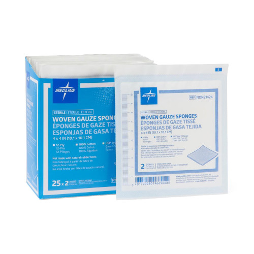 Medline Gauze Sponge 4 X 4 Inch 12-Ply Sterile 2 per Pack, NON21424, Box of 25