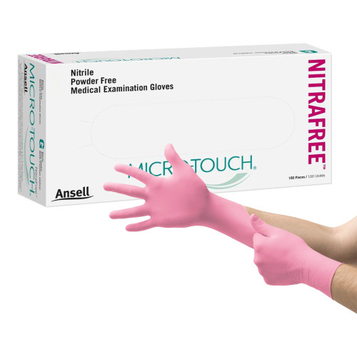 Micro-Touch NitraFree Exam Glove X-Small NonSterile Nitrile Standard Cuff Length Textured Fingertips Pink Chemo Tested, 6034510, Case of 10