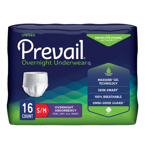 Prevail Overnight Absorbent Underwear Pull On with Tear Away Seams Adult Small / Medium Unisex Disposable Heavy Absorbency, PVX-512, Pack of 16