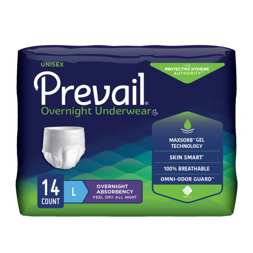 Prevail Overnight Absorbent Underwear Pull On with Tear Away Seams Adult Large Unisex Disposable Heavy Absorbency, PVX-513, Pack of 14