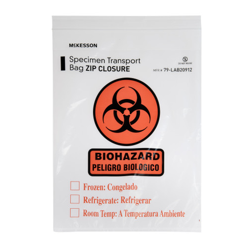 Specimen Transport Bag with Document Pouch McKesson 9 x 12'' Zip Closure Biohazard Symbol / Storage Instructions NonSterile 79-LAB20912 Pack of 1