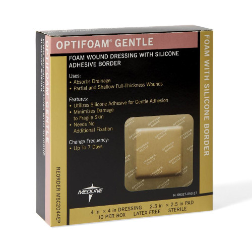 Optifoam Gentle Foam Dressing 4 X 4 Inch With Border Waterproof Backing Silicone Border Square Sterile, MSC2044EP, Case of 100