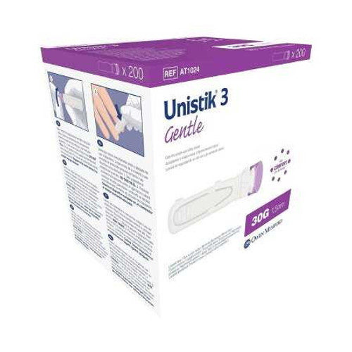 Lancet UnistikSafetly Lancet Low Flow Needle 1.8 mm Depth 28 Gauge Push Button Activation AT 1042 Box/100 113358 Owen Mumford 485757_BX
