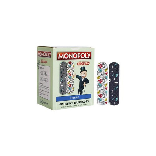 American White Cross First Aid Adhesive Strip Plastic Kid Design (Monopoly) 3/4 X 3 Inch Sterile, 1087743, Box of 100