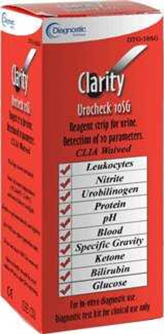 Urinalysis Test Clarity Bilirubin Blood Glucose Ketones Leukocytes Nitrite pH Protein Specific Gravity Urobilinogen 100 per Bottle DTG-10SG Box/100 PV-811 Clarity Diagnostics 960950_BX