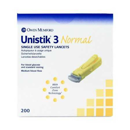 Lancet Unistik Safety Lancet Normal Flow Needle 1.8 mm Depth 23 Gauge Push Button Activation AT 1004 Box/200 30066 Owen Mumford 475826_BX