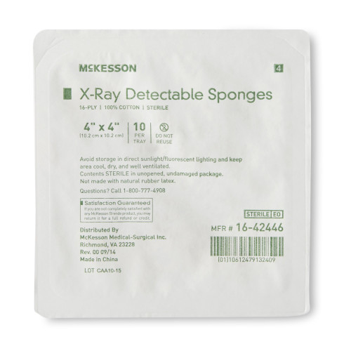 McKesson Gauze Sponge 4 X 4 Inch 16-Ply Sterile X-Ray Detectable 10 per Tray, 16-42446, Case of 72