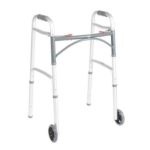 Drive 10211-4ASM Dual Release Folding Walker with Wheels, Two Button with 5'' Wheels, Adjustable Height, Case of 4 5936 drive™ Deluxe 1162847_CS