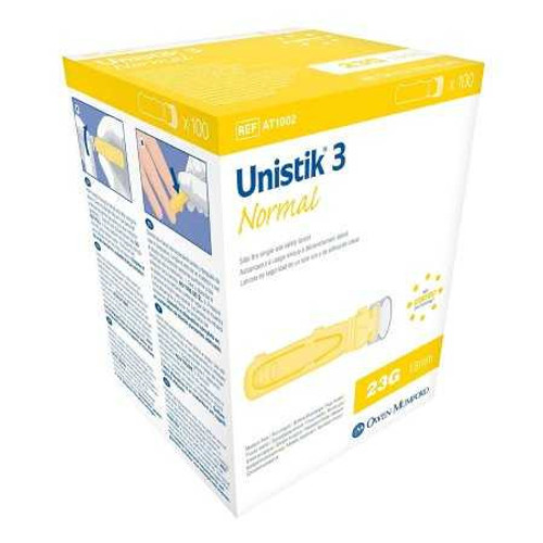 Lancet Unistik Safety Lancet Normal Flow Needle 1.8 mm Depth 23 Gauge Push Button Activation AT 1002 Box/100 EP85040 Owen Mumford 475825_BX
