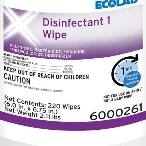Ecolab Disinfectant 1 Surface Disinfectant Cleaner Bactericidal Manual Pull Wipe 220 Count Canister Sweet Scent NonSterile, 6000261, Case of 2640