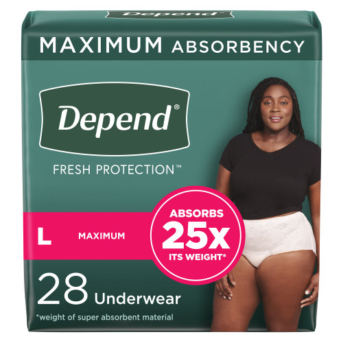 Depend Fresh Protection Absorbent Underwear Waistband Style Adult Large Female Disposable Heavy Absorbency, 53743, Pack of 28