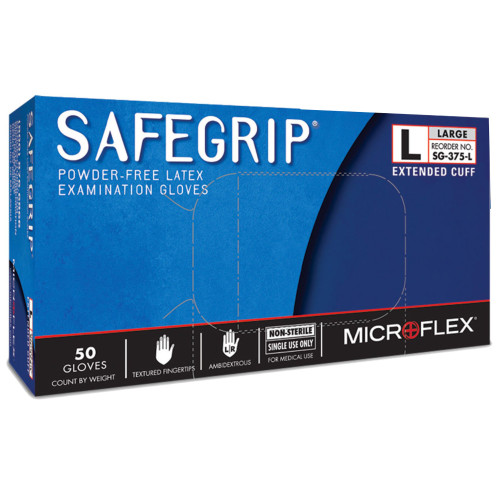 SafeGrip Exam Glove Large NonSterile Latex Extended Cuff Length Textured Fingertips Blue Chemo Tested, SG-375-L, Box of 50