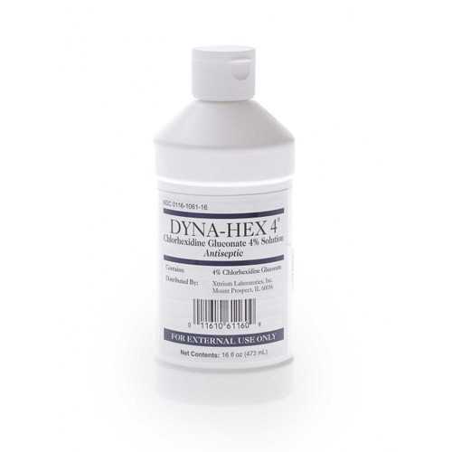 Surgical Scrub Solution Dyna-Hex 4® 16 oz. Bottle 4% Strength CHG (Chlorhexidine Gluconate) NonSterile 1061DYN16MED Case of 12 HCR62STB Dyna-Hex 4® 553879_CS