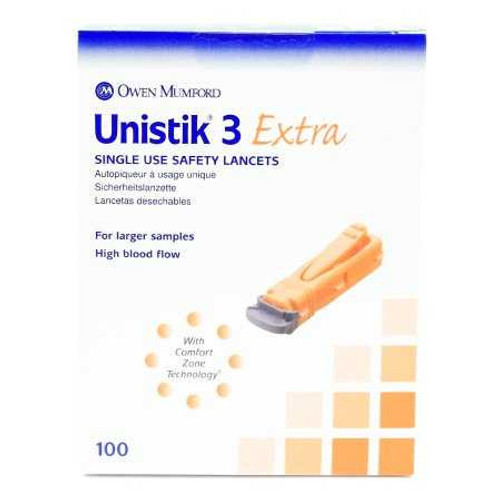 Lancet Unistik Fingerstick Safety Lancet Extra Flow Needle 2.0 mm Depth 21 Gauge Push Button Activation AT 1012 Box/100 RES3050 Owen Mumford 539416_BX