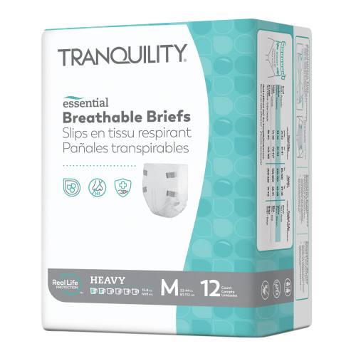 Tranquility Essential Incontinence Brief Adult Medium Unisex Disposable Heavy Absorbency, 2745, Bag of 12