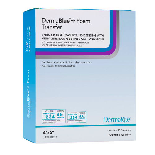 DermaBlue+ Foam Silver Foam Dressing 4 X 5 Inch Square Sterile, 76040514, Pack of 1