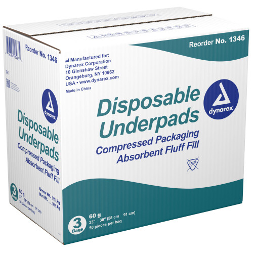 Dynarex Disposable Underpad 23 X 36 Inch Fluff Light Absorbency, 1346, Bag of 50