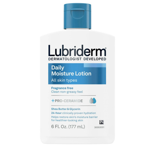 Hand and Body Moisturizer Lubriderm® 6 oz. Bottle Unscented Lotion CHG Compatible 10052800488264 Case of 12