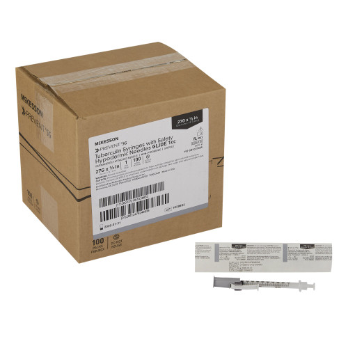 McKesson SG Prevent Syringes with Safety Hypodermic Needle, 1 mL, 1/2 in x 27 G, Sliding Safety Needle Regular Wall 306620 Box of 100