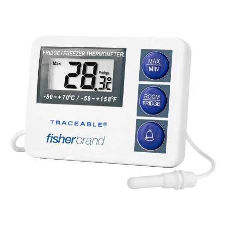 Digital Refrigerator / Freezer Thermometer with Alarm Fisherbrand™ Fahrenheit / Celsius -58° to +158°F (-50° to +70°C) External Probe Flip-out Stand / Wall Mount Battery Operated S01556 Pack of 1 050302-B Fisherbrand 780125_EA