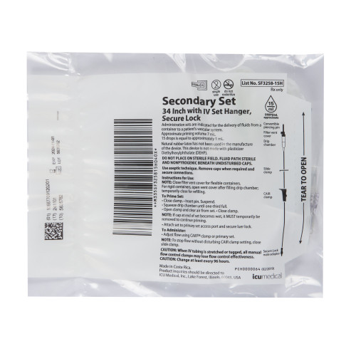 ICU Secondary IV Administration Set Gravity Without Ports 15 Drops / mL Drip Rate Without Filter 37 Inch Tubing Solution, SF3258-15H, Case of 50