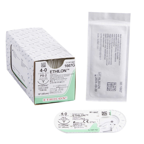 Nonabsorbable Suture with Needle Ethilon™ Nylon PS-2 3/8 Circle Precision Reverse Cutting Needle Size 4 - 0 Monofilament 1667G Box of 12 1667G Ethilon™ 2997_BX