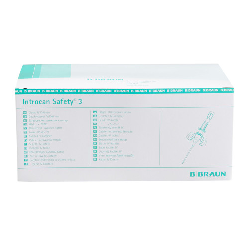 Introcan Safety 3 Closed IV Catheter 24 Gauge 3/4 Inch Polyurethane Winged Hub Blood Control Passive Safety, 4251127-02, Box of 50