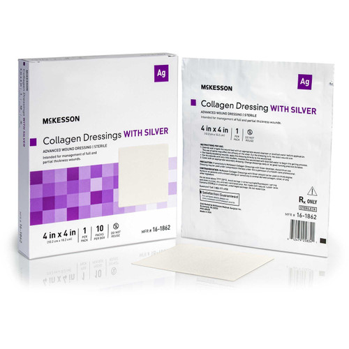 Silver Collagen Dressing McKesson 4 x 4 Inch Square Sterile 16-1862 Case of 100 16-1862 McKesson 1172342_CS