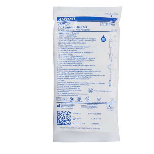 AMSafe Primary IV Administration Set Gravity 1 Port 10 Drops / mL Drip Rate Without Filter 83 Inch Tubing Solution Without Flow Regulator, 108301, Case of 50