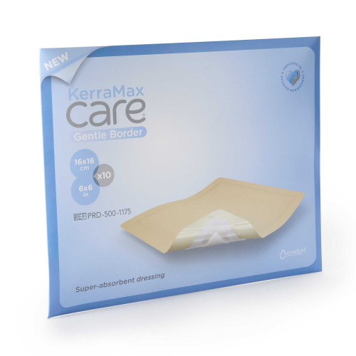 Super Absorbent Dressing KerraMax Care® Gentle Border 6 x 6 Inch Square PRD500-1175 Case of 130 PRD500-1175 KerraMax Care® Gentle Border 1189380_CS