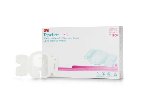 I.V. Dressing with CHG 3M™ Tegaderm™ CHG (Chlorhexidine Gluconate) / Film 2-3/4 x 3.375 Inch Sterile 1660 Case of 100 1660 3M™ Tegaderm™ 713482_CS