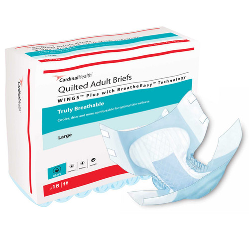 Unisex Adult Incontinence Brief Wings™ Quilted Plus with BreatheEasy™ Technology Large Disposable Heavy Absorbency 66134 Bag of 18 66134 Wings™ Quilted Plus with BreatheEasy™ Technology 1176299_BG