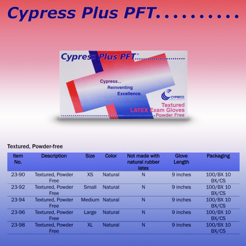 Cypress Plus PFT Exam Glove X-Small NonSterile Latex Standard Cuff Length Fully Textured Ivory Not Rated, 23-90, Case of 10