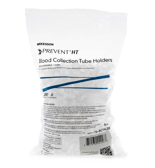 McKesson Prevent® HT Blood Collection Tube Holder / Needle Holder Universal Fit, Clear, Non-Stackable, Multi-Sample 13 mm and 16 mm Blood Collection Tubes 16-BCTHLDR Bag of 250 16-BCTHLDR McKesson Prevent® HT 1144307_BG