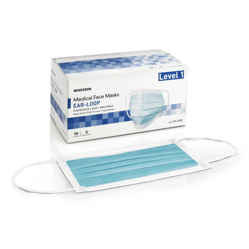 Procedure Mask McKesson Pleated Earloops One Size Blue NonSterile ASTM Level 1 Adult 91-2102 Case of 500 91-2102 McKesson 1196784_CS