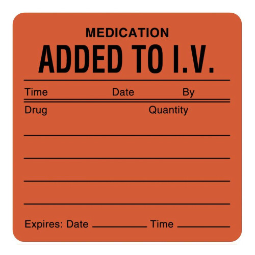 UAL Pre-Printed Label Auxiliary Label Fluorescent Red Paper Added To I/V. Tme_Date_By_ Black Medication Instruction 2-1/2 X 2-1/2 Inch, ULHH207, Roll of 1