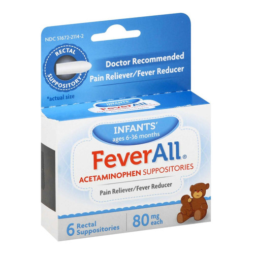 Infants' Pain Relief FeverAll® 80 mg Strength Acetaminophen Rectal Suppository 6 per Box 51672211402 Box of 6 51672211402 FeverAll® 928933_BX