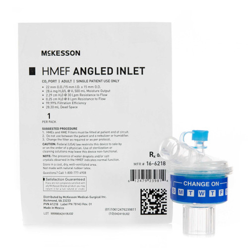 Heat and Moisture Exchanger with Filter McKesson 28.4 mg H2O / L @ VT 500 mL 2.29 cm H20 @ 30 LPM, 0.25 cm H20@ 8 LPM 16-6218 Case of 50 16-6218 McKesson 1109620_CS