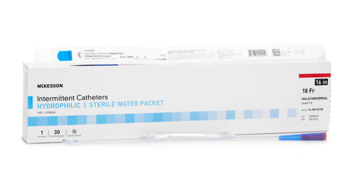 Urethral Catheter McKesson Coude Tip Hydrophilic Coated PVC 18 Fr. 16 Inch 16-MH1618C Case of 300 16-MH1618C McKesson 1135734_CS