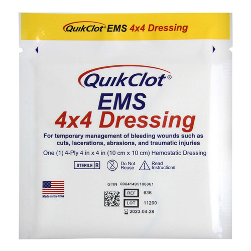 Hemostatic Dressing QuickClot® EMS 4 x 4 Inch 1 per Pack Sterile 636 Box of 10 636 QuickClot® EMS 1206925_BX