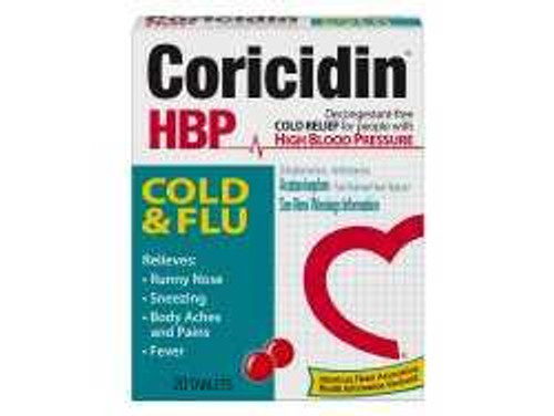 Cold and Cough Relief Coricidin® HBP Cold & Flu 325 mg - 2 mg Strength Tablet 20 per Box 11523432502 Pack of 1 11523432502 Coricidin® HBP Cold & Flu 930011_EA