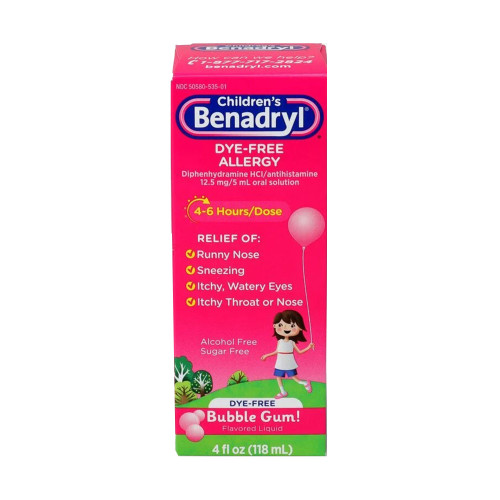 Children's Benadryl Allergy Relief Liquid, Diphenhydramine HCl 12.5 mg / 5 mL Strength, Dye-free, Bubble Gum Flavor, 4 oz., Bottle of 1